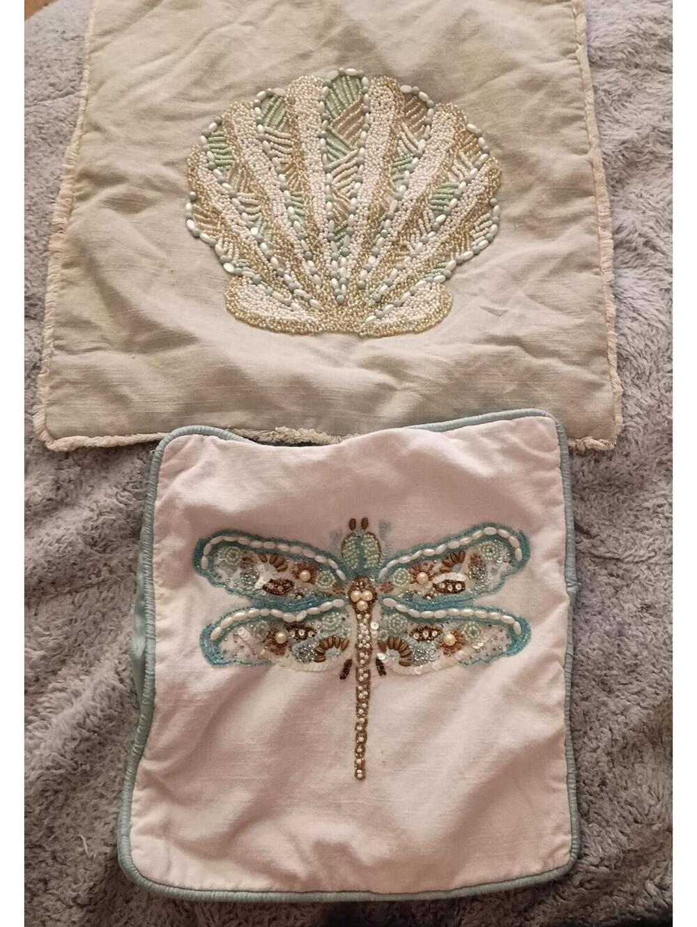 Vintage Pier 1 Coastal Beaded Pillow Sham Set - Seashell & Dragonfly -